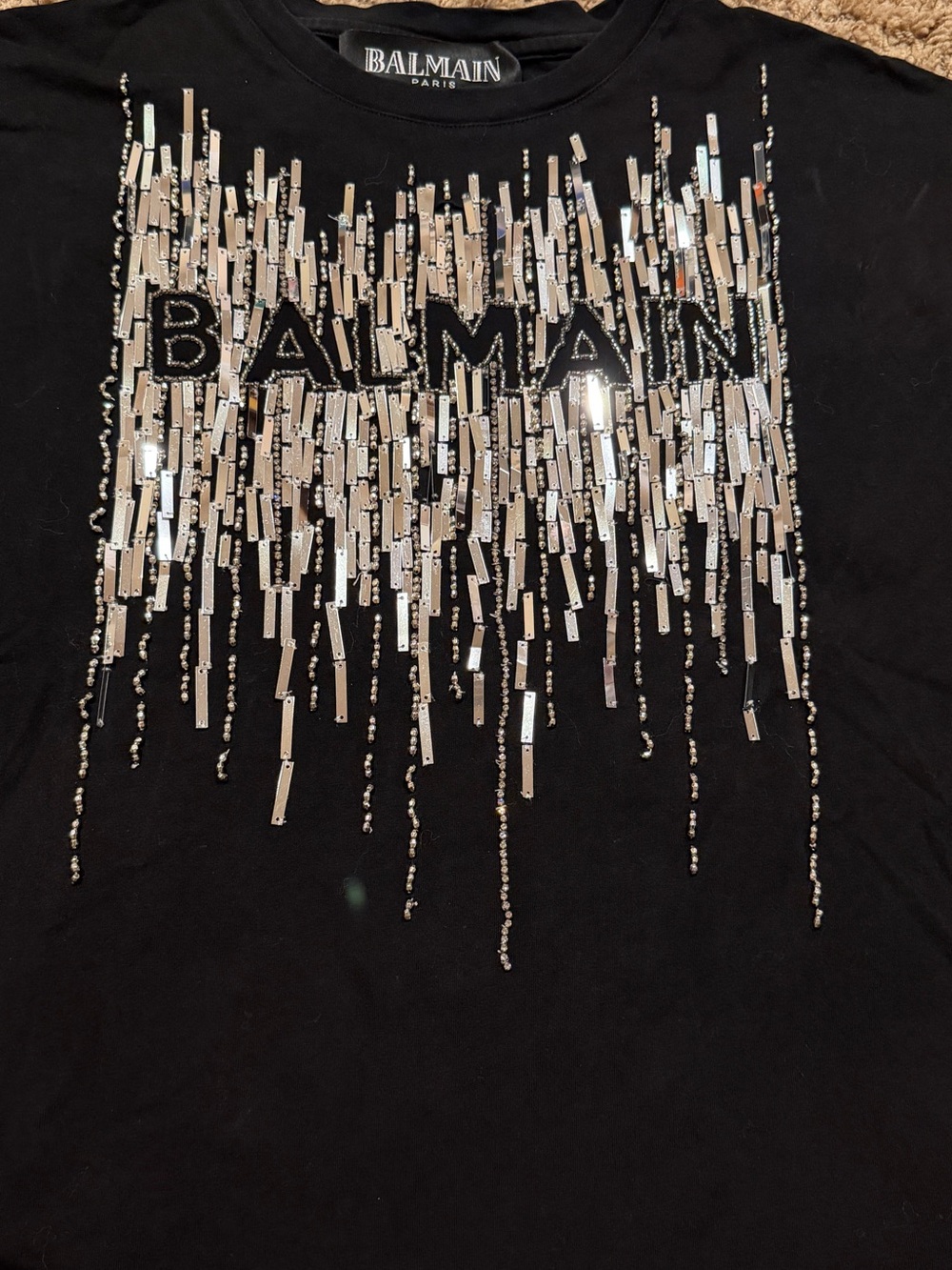 Balmain Black Tee with Silver Sequin Cascades size L - Picture 7 of 7